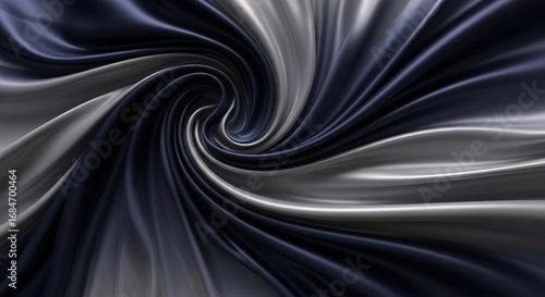 Swirling vortex of dark blue and silver satin fabric with dramat