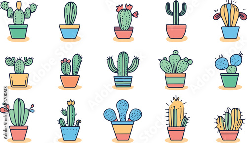 Collection of various potted cacti and succulents in colorful planters with playful outlines
