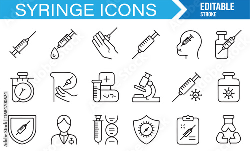 Editable vector syringe icons including vial, virus, nurse, patient, therapy, and immunization tools