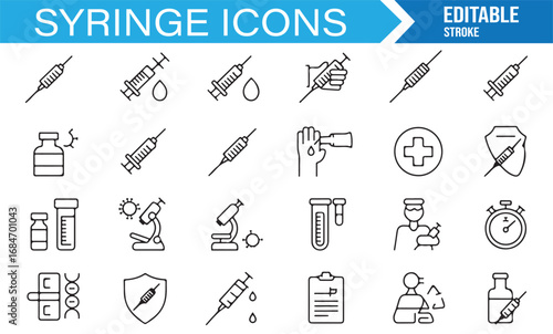Outline syringe icons pack featuring injection, research, vial, virus protection, and cure symbols