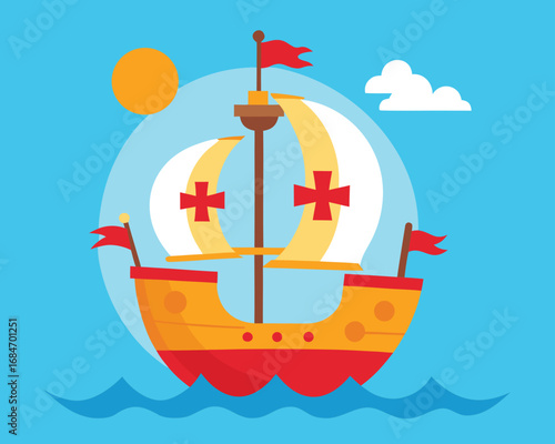 Vector art of columbus day illustration of a ship with sails and flags on blue background