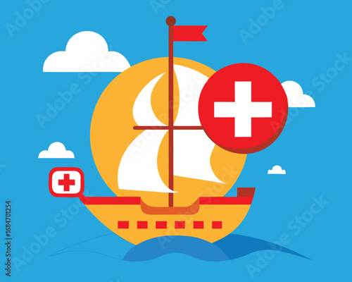 Vector art of columbus day illustration of a ship with sails and flags on blue background