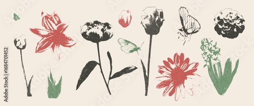 Butterfly and flowers photocopy retro set. Daisy, peony and lily. Y2k grain elements. Stippling collage shapes isolated on beige background. Vector red, black and green colors noisy illustration.