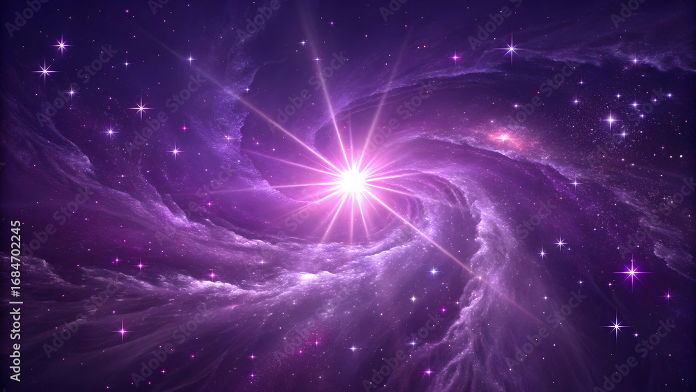 Fototapeta premium Deep Violet Cosmic Light Explosion with Starburst and Swirling Nebula Purple Galaxy Background Space Scene with Bright Star and Glimmering Stars