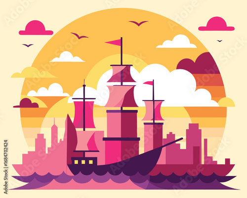 Vector art of a pink sailboat sailing on the ocean with city and sunset in the background