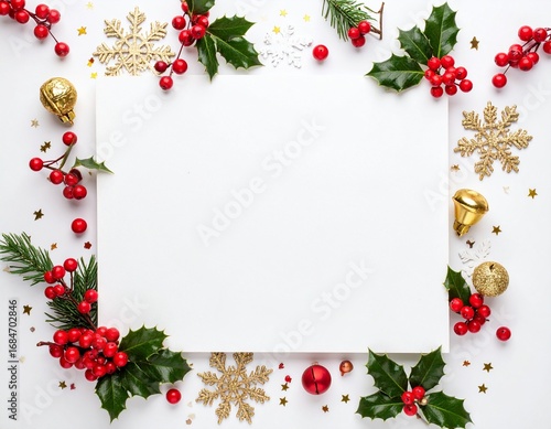 A minimalist holiday design with holly leaves, berries, red ornaments, golden bells, and sparkling snowflakes forming a square frame around blank white space