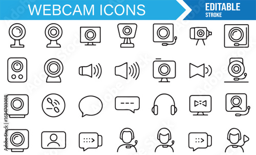 Collection of webcam line icons including conference, chat, multimedia, and streaming tools