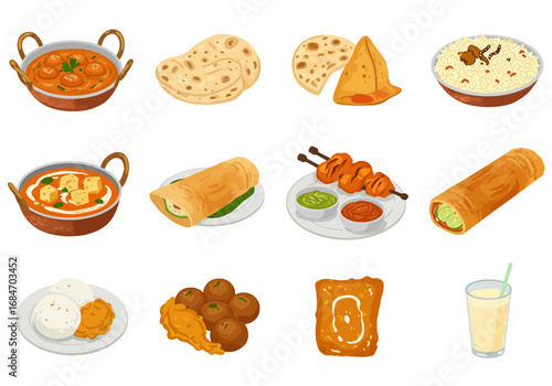 A collection of various Indian dishes including curries bread meats and desserts