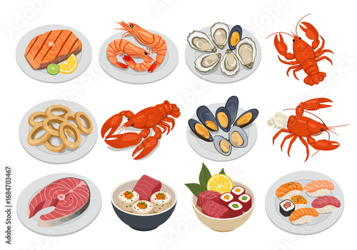 A culinary spread featuring seafood dishes lobster shrimp mussels oysters and assorted sushi and sashimi