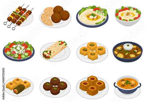 A variety of Middle Eastern dishes including kebabs hummus salad falafel baklava shawarma and lentil soup arranged on a white background