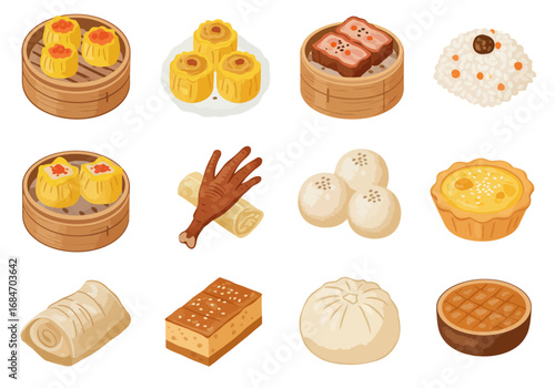 An array of cartoonstyle dim sum dishes featuring dumplings pastries and rice in a grid pattern