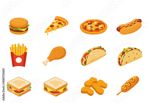 An array of cartoon fast food items is arranged on a white background