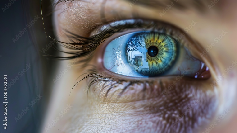 Fototapeta premium Windows to the Soul: Striking Close-Up of Human Eye – Richly Pigmented Iris (Deep Brown, Soft Hazel, or Bright Blue), Intricate Retinal Veins, a Glistening Pupil Adjusting to Light