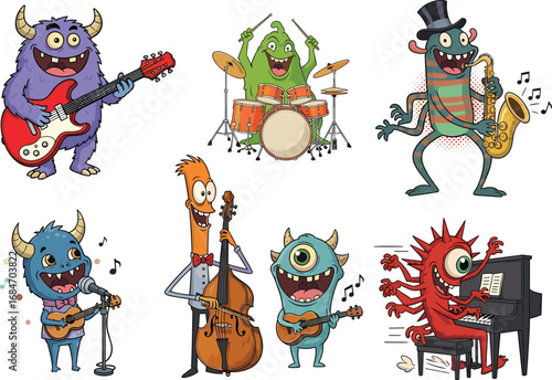 Funny Cartoon Monsters Playing Various Musical Instruments – Colorful Band Characters Performing Music with Guitar, Drums, Saxophone Vector