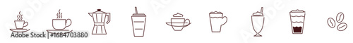 Minimalistic brown line art illustration set of coffee cups, icons of steaming coffee cups and a coffee pot in various styles. Vector illustration.