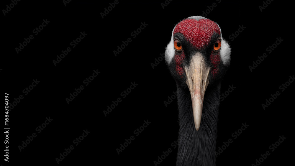 Fototapeta premium Crane frontal face portrait,elegant,magazine cover,banner,copy space,black background.