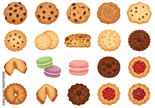An array of various cookies including chocolate chip macarons fortune cookies and jamfilled pastries