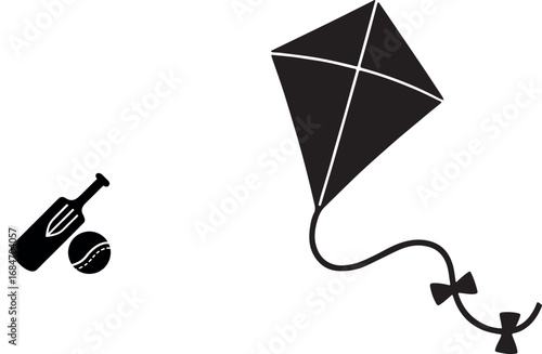 Black silhouette of a diamond shaped kite with a bow tied tail