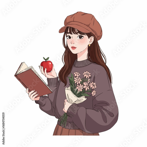 A charming illustration of a young woman in a beret, blending the joy of reading with the simple beauty of nature's gifts