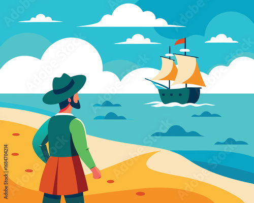 Vector art of man standing on the beach watching a ship sailing on the sea