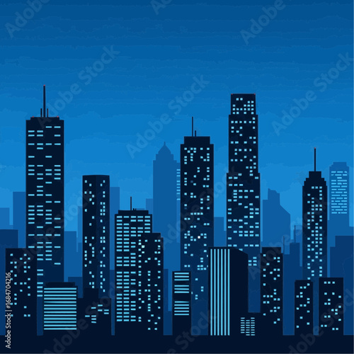 Vector illustration of a modern city skyline at night with illuminated windows, a flat graphic design of urban architecture against a blue sky