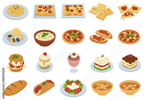An assortment of Italian foods including pasta pizza salad soup and desserts arranged on a white background