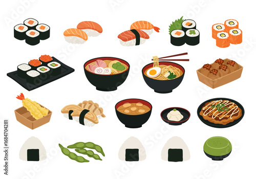An assortment of Japanese food items including sushi ramen tempura mochi and edamame