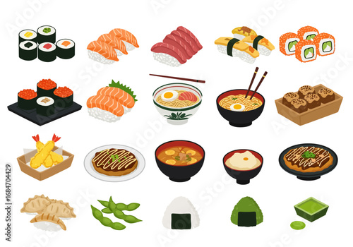 An assortment of Japanese dishes including sushi noodles and dumplings are neatly arranged