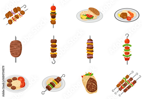 Assorted cartoonstyle Mideastern cuisine kebabs shawarma pita and ricebased dishes
