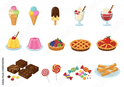 Assortment of desserts including ice cream pie and candy displayed on a white background