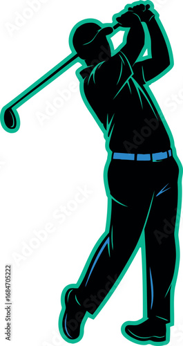 Silhouette of a golfer executing a swing, captured in a dynamic pose with a golf club asset (134)