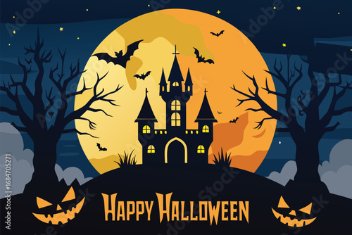 Vector art of spooky haunted castle on a hill under a giant full moon with bats flying around on halloween night