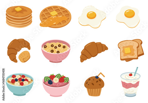 Breakfast food array pancakes waffle eggs croissants cereal toast muffin smoothie