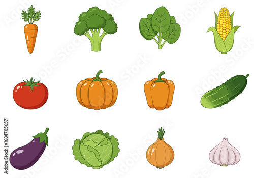 Cartoon vegetables carrot broccoli spinach corn tomato pumpkin bell pepper cucumber eggplant cabbage onion garlic on white