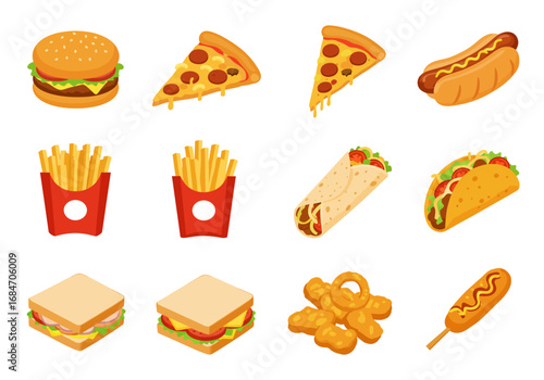 Fast food icons burger pizza hotdog fries burrito taco sandwich onion rings corn dog all on white background