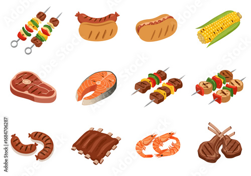Grilled food icons include skewers steak salmon shrimp ribs corn hot dogs sausages and lamb chops