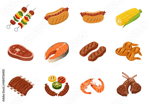 Illustration of various barbecue foods including skewers hot dogs corn steak fish ribs shrimp and lamb chops
