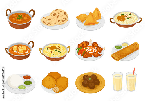 Indian food collage curries bread samosas rice dishes chicken dosa gulab jamun lassi