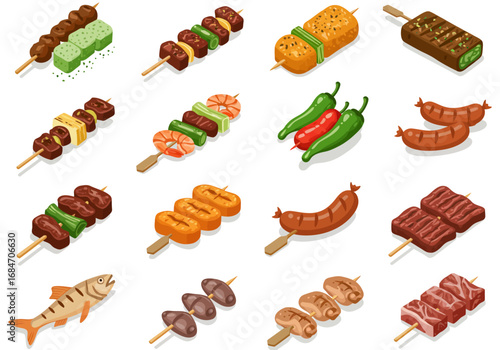 Isometric view of various grilled foods on skewers including meat seafood vegetables and sausages