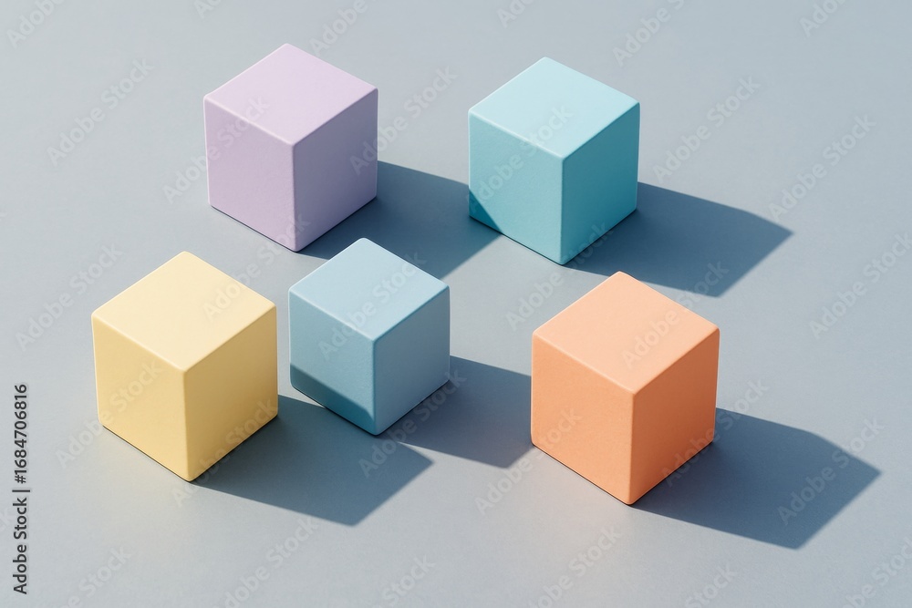 Fototapeta premium Pastel colored geometric cubes casting shadows on minimal clear background in abstract light arrangement. Ai generative. Ai generative