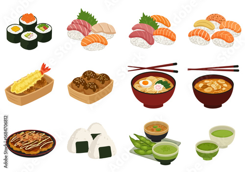 Japanese food assortment sushi sashimi tempura ramen onigiri and more