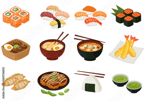 Japanese dishes assortment sushi ramen dumplings tempura and more
