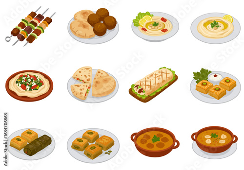 MiddleEastern cuisine featuring kebabs hummus falafel wraps stews and pastries on individual plates