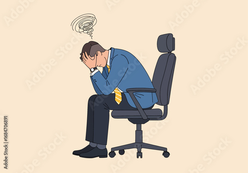 A man in a suit sits slumped in an office chair, his head in his hands, with a swirl of lines above him suggesting stress or confusion