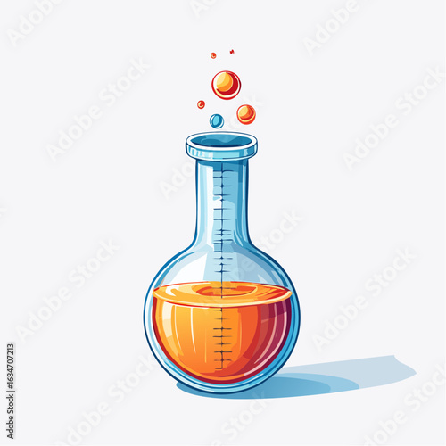 Colorful cartoon laboratory flask with a bubbling orange liquid, representing a scientific experiment, chemical reaction, or the creation of a new idea