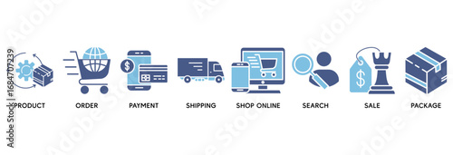 Shopping process icon set vector illustration concept relate to product, order, payment, shipping, shop online, search, sale, package and delivery