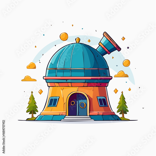 A colorful cartoon illustration of an astronomical observatory building with a large telescope for space exploration and stargazing, isolated on a white background