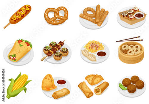 Twelve dishes of assorted food are arranged in a grid format on a plain white background
