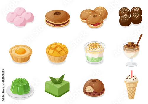 Twelve desserts are presented including mochi tarts puddings and ice cream