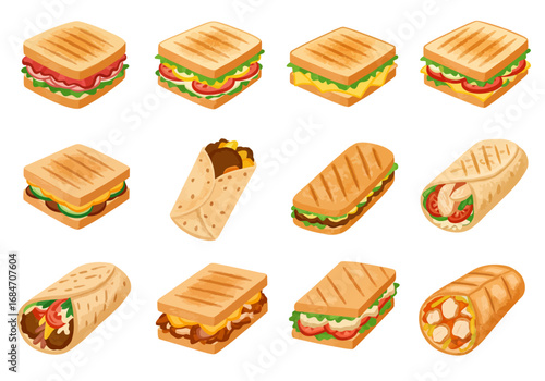 Twelve food illustrations show sandwiches and burritos on a white background